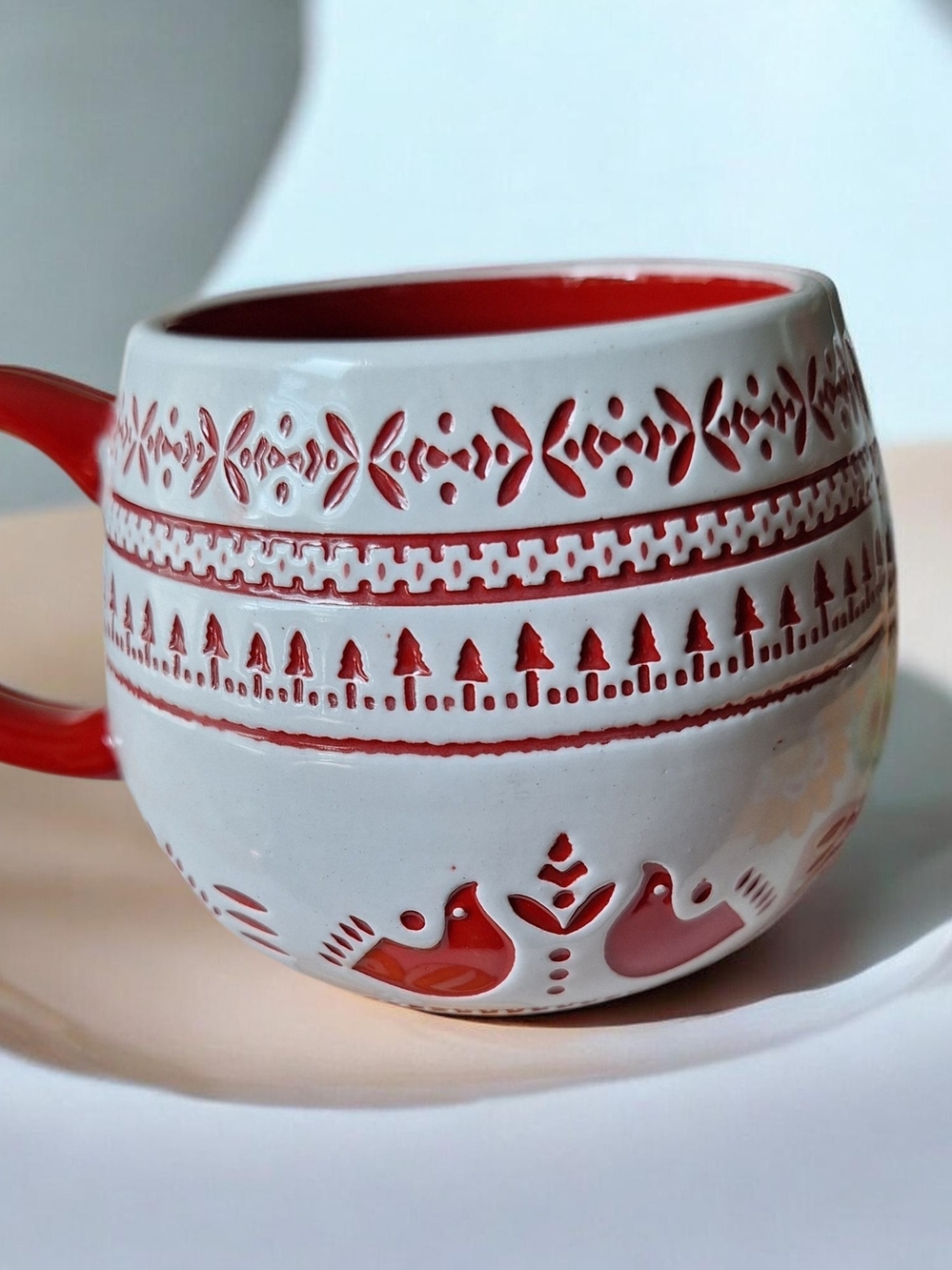 Red and White Decorative Stoneware Mug